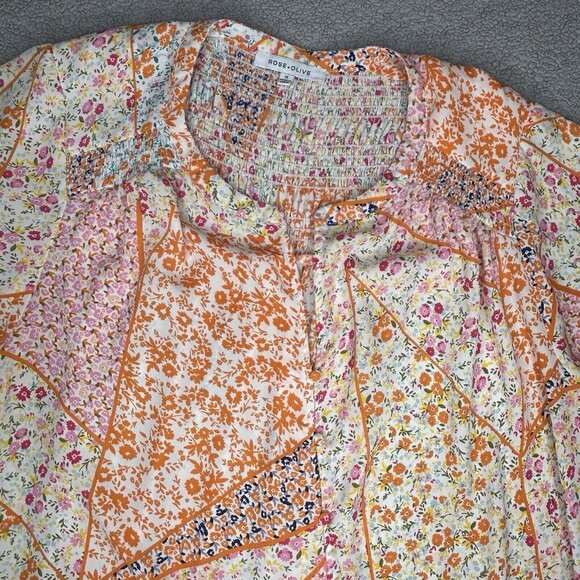 Rose+Olive Top 1X Patchwork Print Orange Pink Floral Boho Smocking Drape Light - Picture 3 of 14
